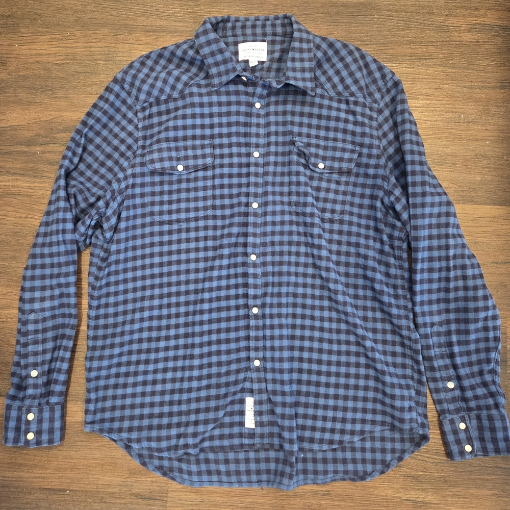 Lucky Brand Mens XL Navy and Black Plaid Casual Shirt